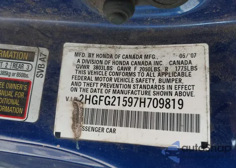 2007 Honda Civic Si from USA, damaged, VIN 2HGFG21597H709819